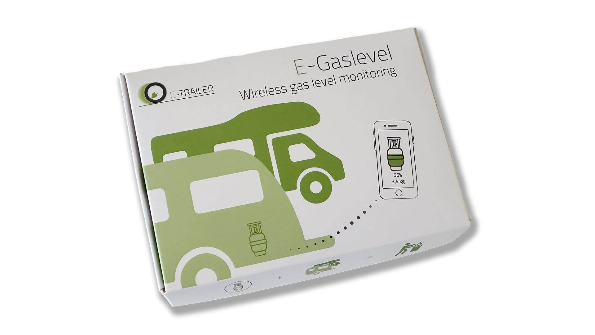 Verpackung des E-Gaslevel. Ein Karton mit grünen Grafiken von Wohnmobil und Wohnwagen.
